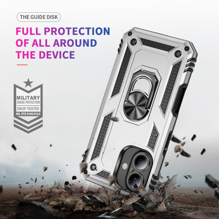 For iPhone 16 Shockproof TPU Hybrid PC Phone Case with Holder(Silver)