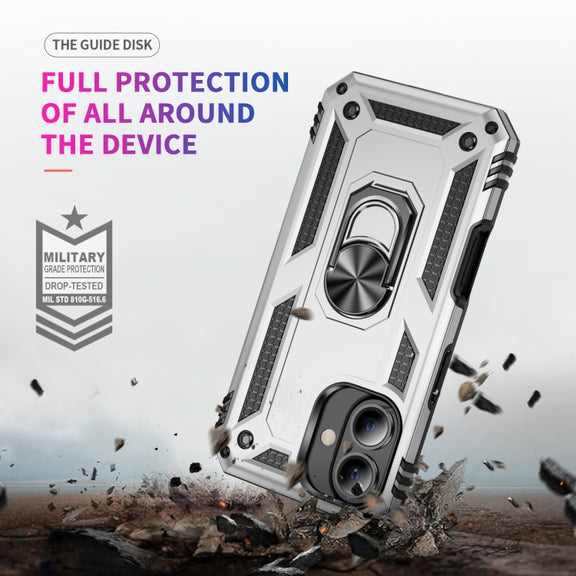 For iPhone 16 Shockproof TPU Hybrid PC Phone Case with Holder(Silver)