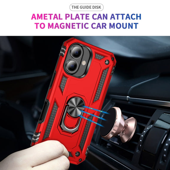 For iPhone 16 Plus Shockproof TPU Hybrid PC Phone Case with Holder(Red)
