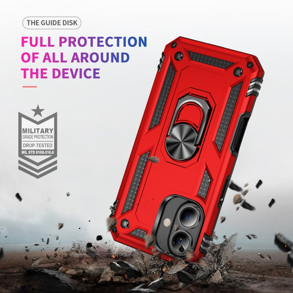 For iPhone 16 Plus Shockproof TPU Hybrid PC Phone Case with Holder(Red)