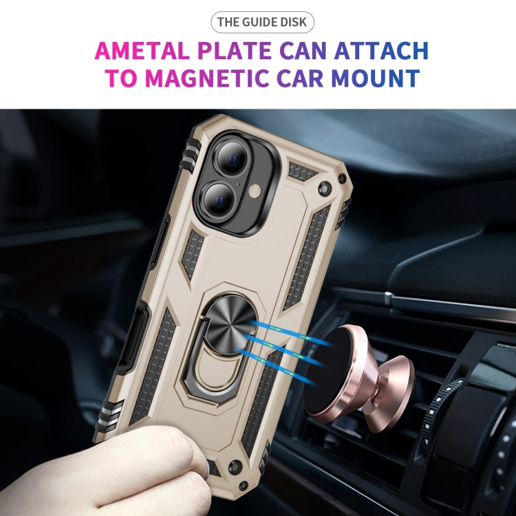 For iPhone 16 Plus Shockproof TPU Hybrid PC Phone Case with Holder(Gold)
