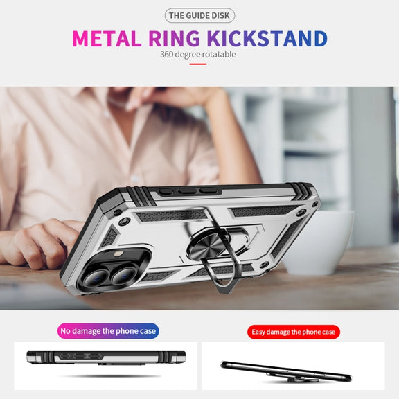 For iPhone 16 Plus Shockproof TPU Hybrid PC Phone Case with Holder(Silver)