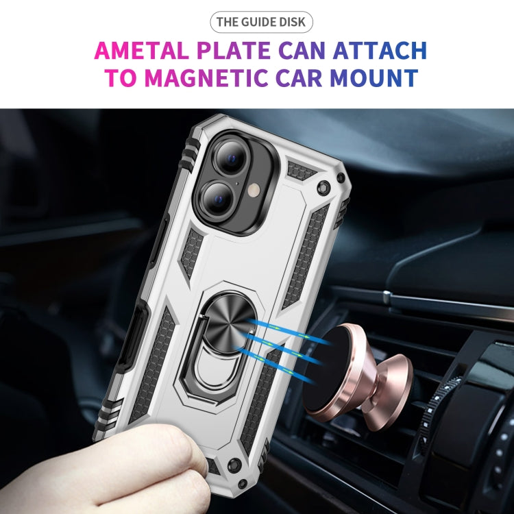 For iPhone 16 Plus Shockproof TPU Hybrid PC Phone Case with Holder(Silver)