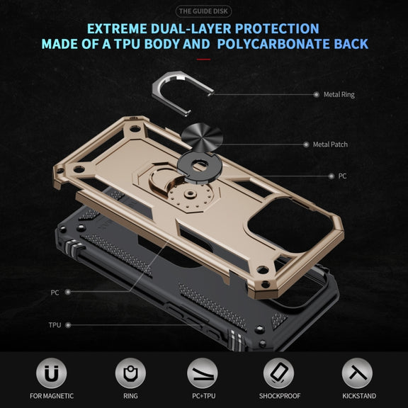 For iPhone 16 Pro Shockproof TPU Hybrid PC Phone Case with Holder(Gold)