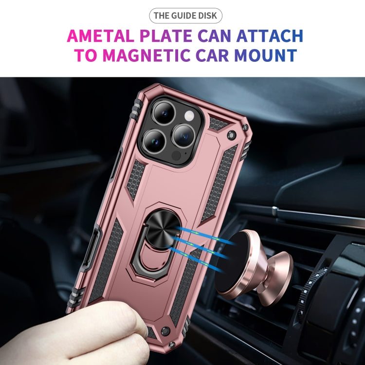 For iPhone 16 Pro Shockproof TPU Hybrid PC Phone Case with Holder(Rose Gold)