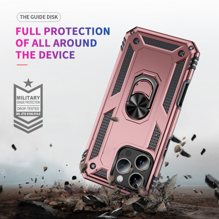 For iPhone 16 Pro Shockproof TPU Hybrid PC Phone Case with Holder(Rose Gold)