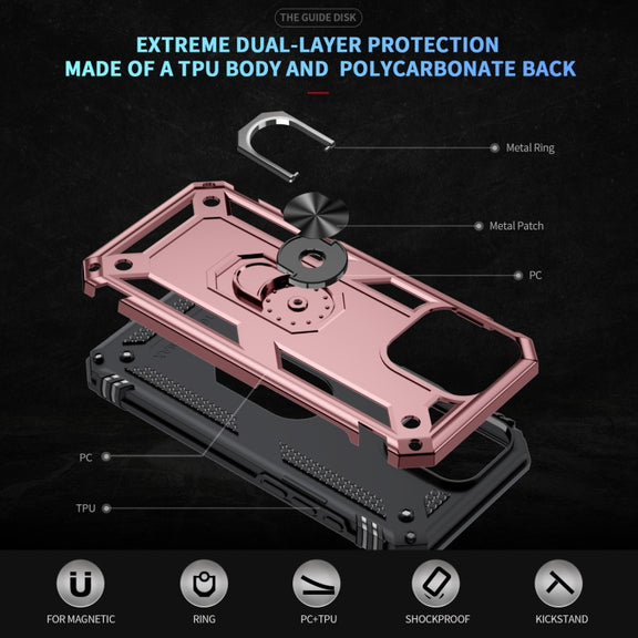For iPhone 16 Pro Shockproof TPU Hybrid PC Phone Case with Holder(Rose Gold)
