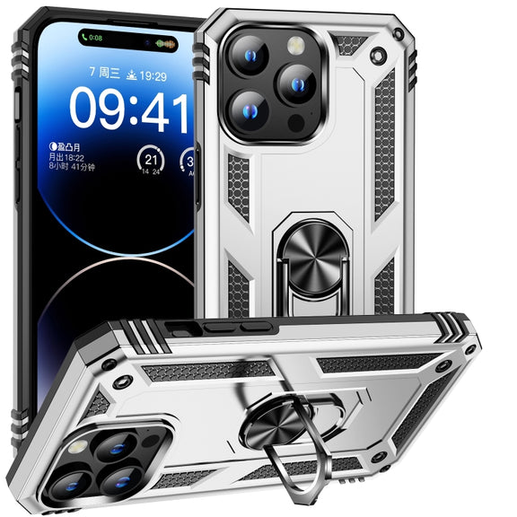For iPhone 16 Pro Shockproof TPU Hybrid PC Phone Case with Holder(Silver)