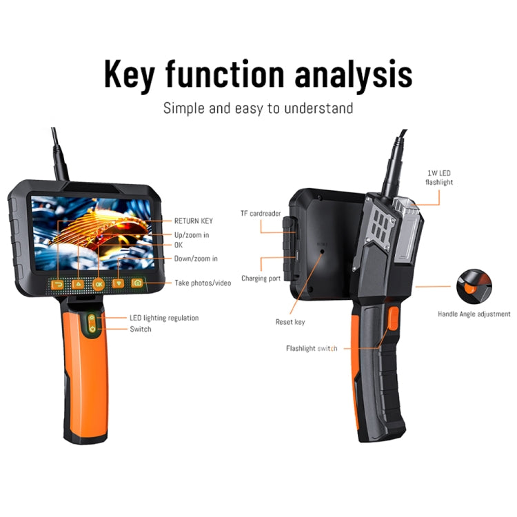 T27 5 inch IPS Color Screen 8mm Single Camera Handheld Hard Cable HD Industrial Endoscope, Length:5m(Orange Black)