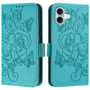 For iPhone 16 Embossed Rose RFID Anti-theft Leather Phone Case(Light Blue)