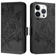 For iPhone 16 Pro Embossed Rose RFID Anti-theft Leather Phone Case(Black)