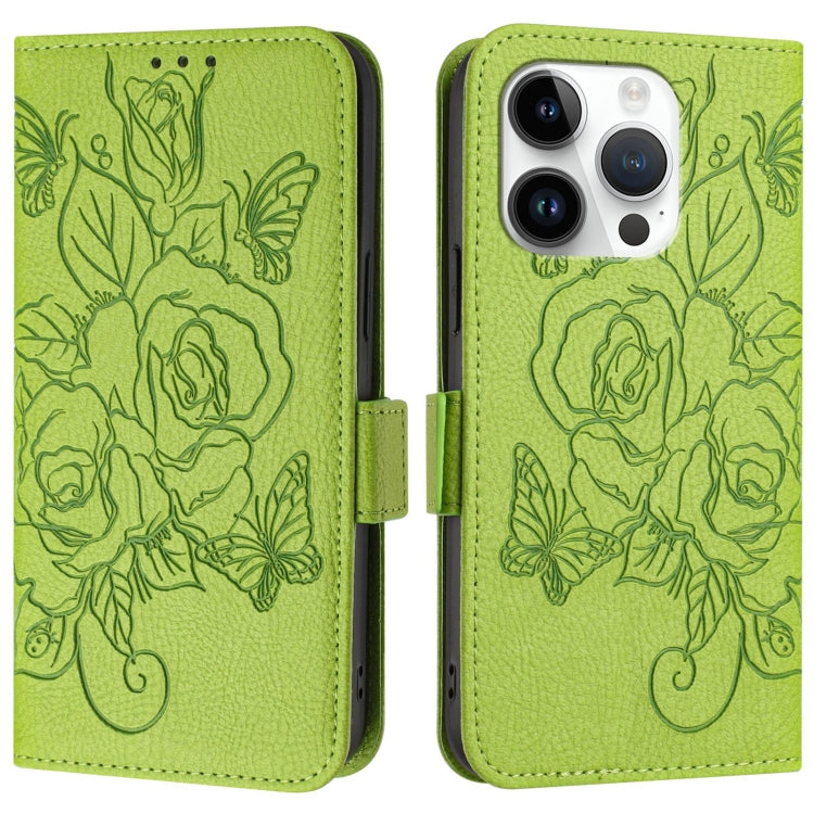 For iPhone 16 Pro Max Embossed Rose RFID Anti-theft Leather Phone Case(Green)