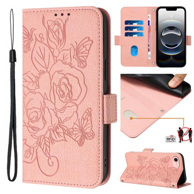 For iPhone 16e Embossed Rose RFID Anti-theft Leather Phone Case(Pink)