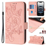 For iPhone 16e Embossed Rose RFID Anti-theft Leather Phone Case(Pink)