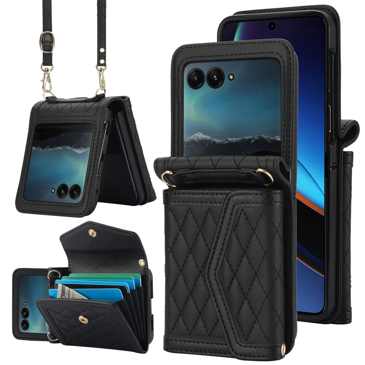 For Motorola Razr 40 Ultra Splicing Rhombic Texture Phone Case with Long & Short Lanyard(Black)