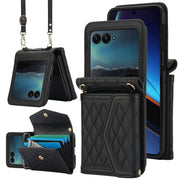 For Motorola Razr 40 Ultra Splicing Rhombic Texture Phone Case with Long & Short Lanyard(Black)