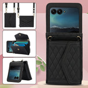 For Motorola Razr 40 Ultra Splicing Rhombic Texture Phone Case with Long & Short Lanyard(Black)