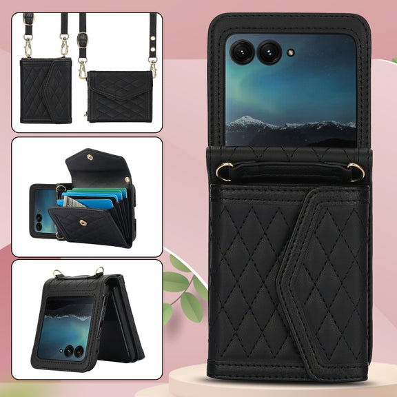 For Motorola Razr 40 Ultra Splicing Rhombic Texture Phone Case with Long & Short Lanyard(Black)