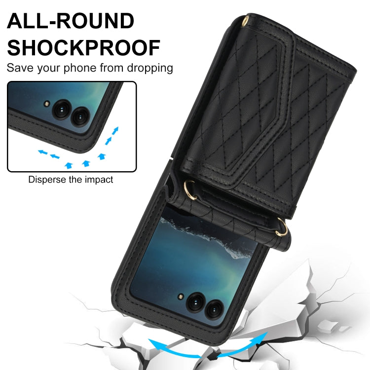 For Motorola Razr 40 Ultra Splicing Rhombic Texture Phone Case with Long & Short Lanyard(Black)