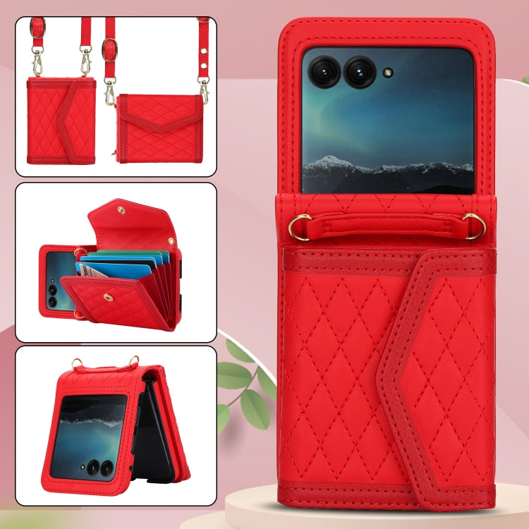 For Motorola Razr 40 Ultra Splicing Rhombic Texture Phone Case with Long & Short Lanyard(Red)
