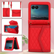 For Motorola Razr 40 Ultra Splicing Rhombic Texture Phone Case with Long & Short Lanyard(Red)