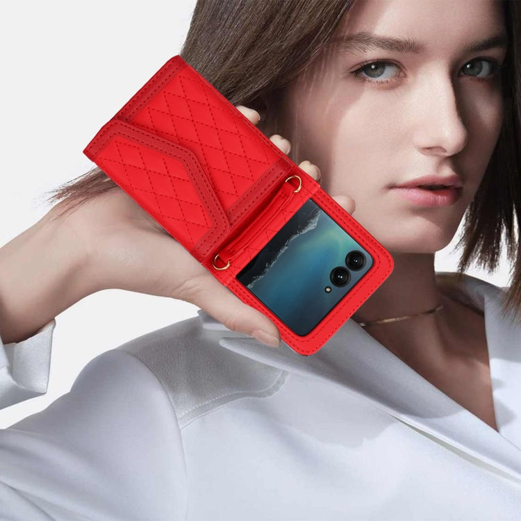 For Motorola Razr 40 Ultra Splicing Rhombic Texture Phone Case with Long & Short Lanyard(Red)