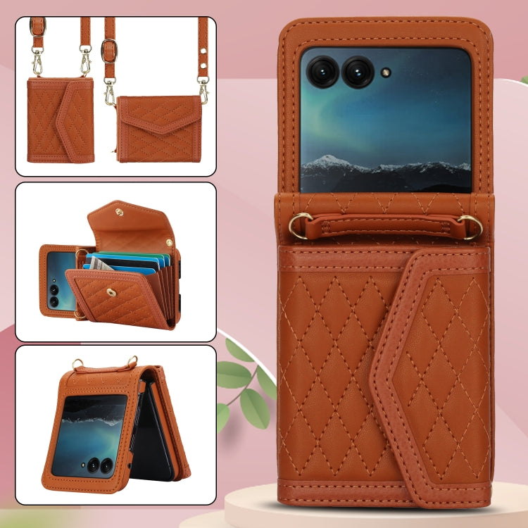 For Motorola Razr 40 Ultra Splicing Rhombic Texture Phone Case with Long & Short Lanyard(Brown)
