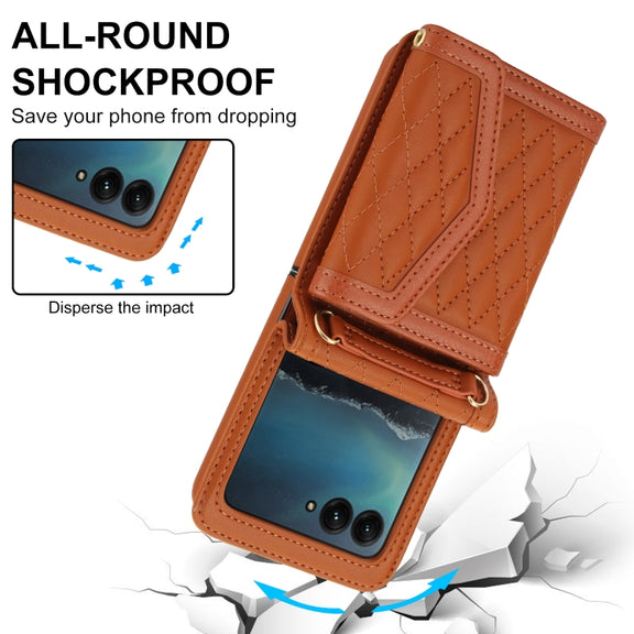For Motorola Razr 40 Ultra Splicing Rhombic Texture Phone Case with Long & Short Lanyard(Brown)