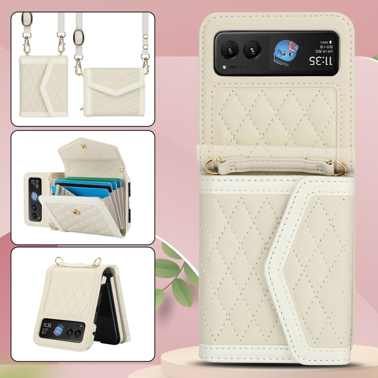 For Motorola Razr 40 Splicing Rhombic Texture Phone Case with Long & Short Lanyard(Beige)
