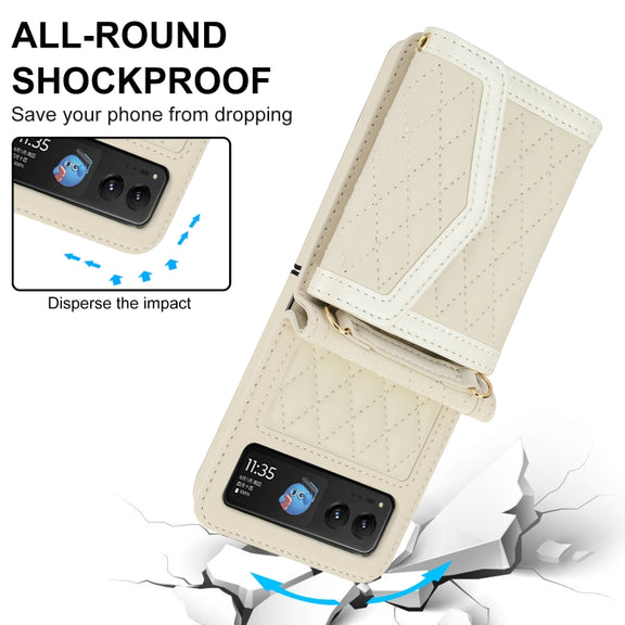 For Motorola Razr 40 Splicing Rhombic Texture Phone Case with Long & Short Lanyard(Beige)