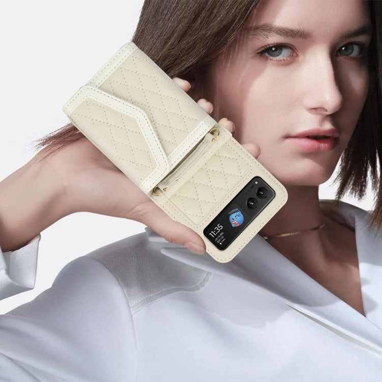 For Motorola Razr 40 Splicing Rhombic Texture Phone Case with Long & Short Lanyard(Beige)