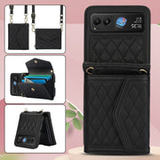 For Motorola Razr 40 Splicing Rhombic Texture Phone Case with Long & Short Lanyard(Black)
