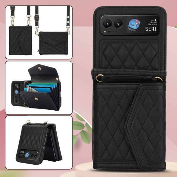 For Motorola Razr 40 Splicing Rhombic Texture Phone Case with Long & Short Lanyard(Black)