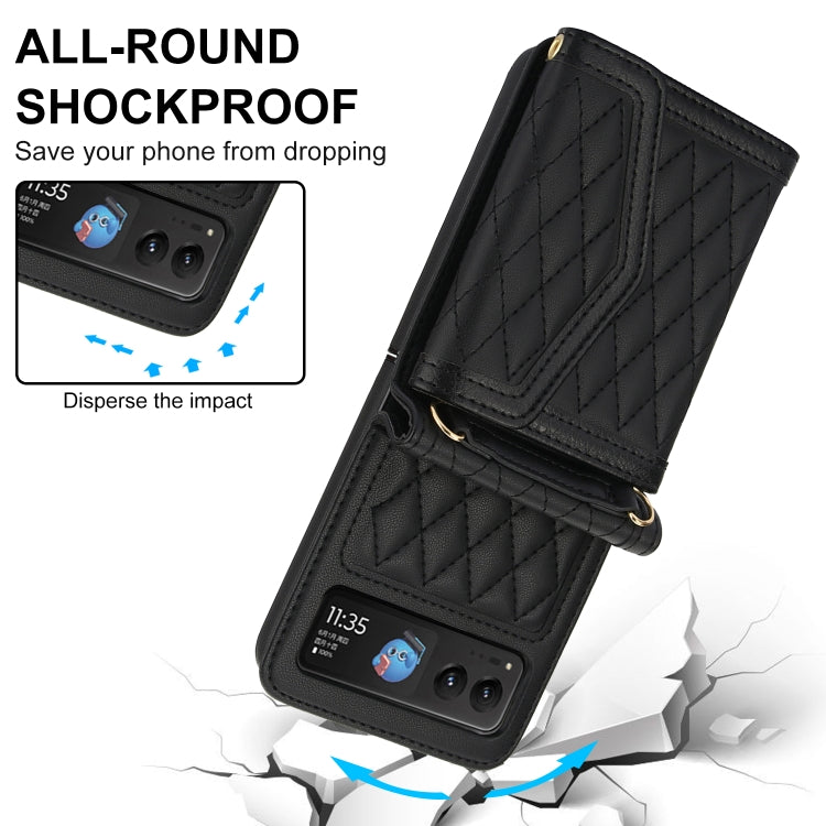 For Motorola Razr 40 Splicing Rhombic Texture Phone Case with Long & Short Lanyard(Black)