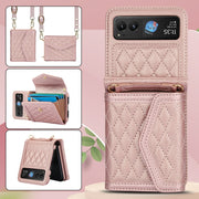 For Motorola Razr 40 Splicing Rhombic Texture Phone Case with Long & Short Lanyard(Rose Gold)