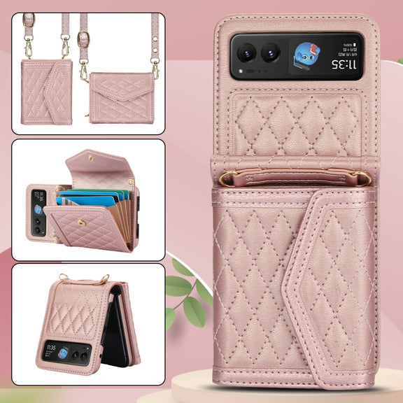 For Motorola Razr 40 Splicing Rhombic Texture Phone Case with Long & Short Lanyard(Rose Gold)