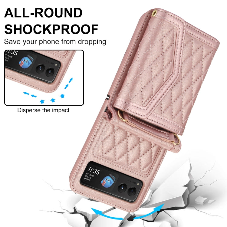For Motorola Razr 40 Splicing Rhombic Texture Phone Case with Long & Short Lanyard(Rose Gold)