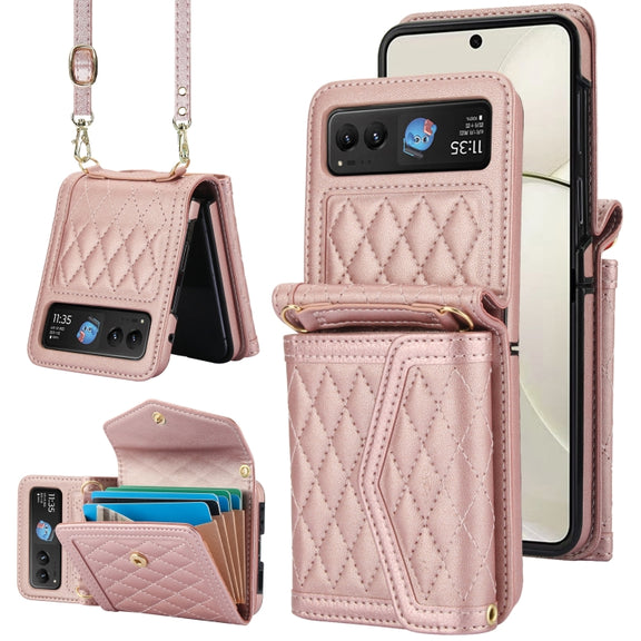 For Motorola Razr 40 Splicing Rhombic Texture Phone Case with Long & Short Lanyard(Rose Gold)