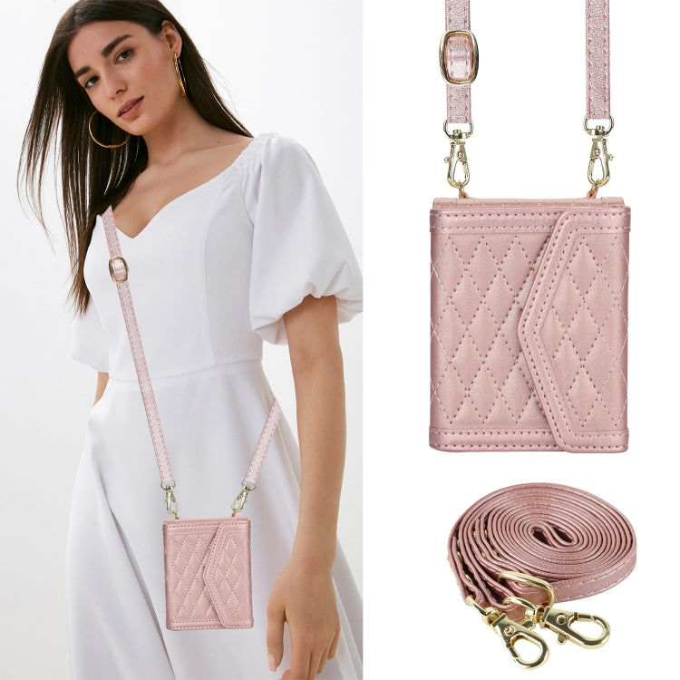 For Motorola Razr 40 Splicing Rhombic Texture Phone Case with Long & Short Lanyard(Rose Gold)