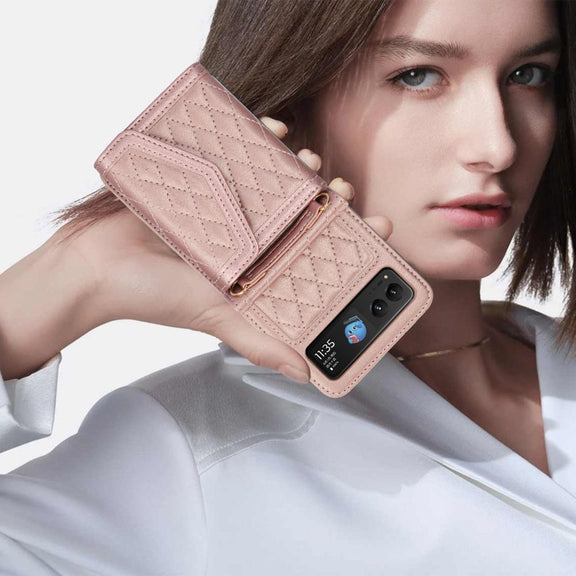 For Motorola Razr 40 Splicing Rhombic Texture Phone Case with Long & Short Lanyard(Rose Gold)