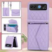 For Motorola Razr 40 Splicing Rhombic Texture Phone Case with Long & Short Lanyard(Purple)
