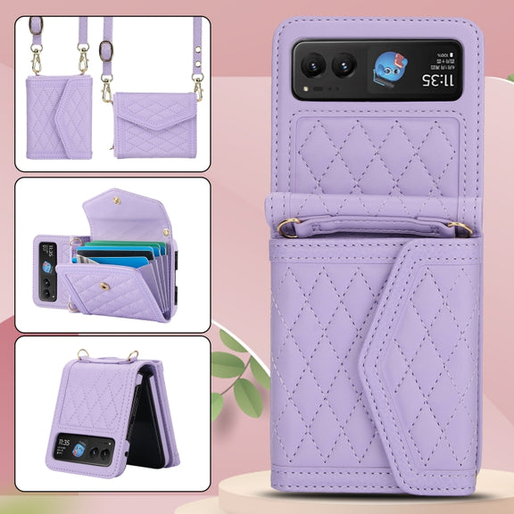 For Motorola Razr 40 Splicing Rhombic Texture Phone Case with Long & Short Lanyard(Purple)