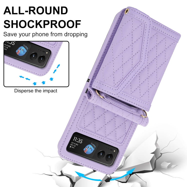 For Motorola Razr 40 Splicing Rhombic Texture Phone Case with Long & Short Lanyard(Purple)
