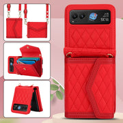 For Motorola Razr 40 Splicing Rhombic Texture Phone Case with Long & Short Lanyard(Red)