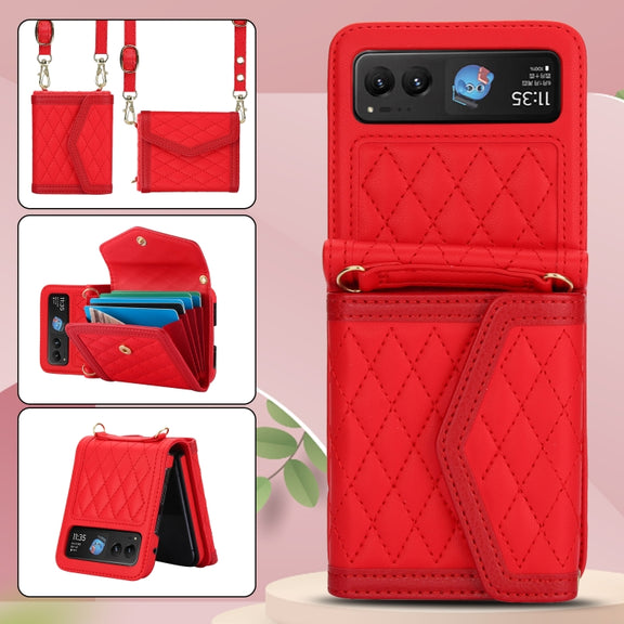 For Motorola Razr 40 Splicing Rhombic Texture Phone Case with Long & Short Lanyard(Red)
