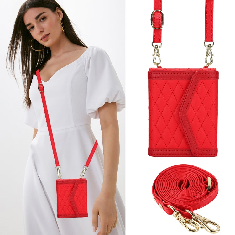 For Motorola Razr 40 Splicing Rhombic Texture Phone Case with Long & Short Lanyard(Red)