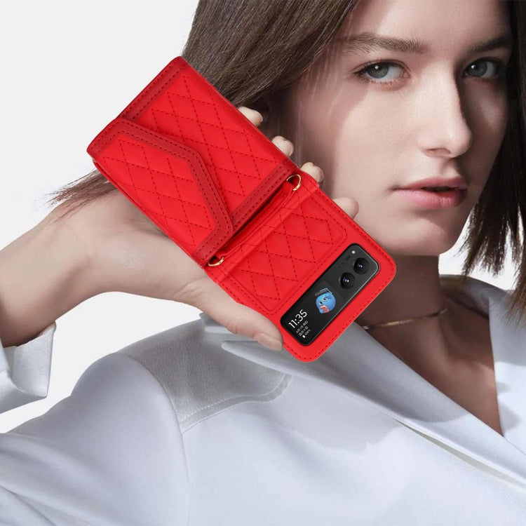 For Motorola Razr 40 Splicing Rhombic Texture Phone Case with Long & Short Lanyard(Red)
