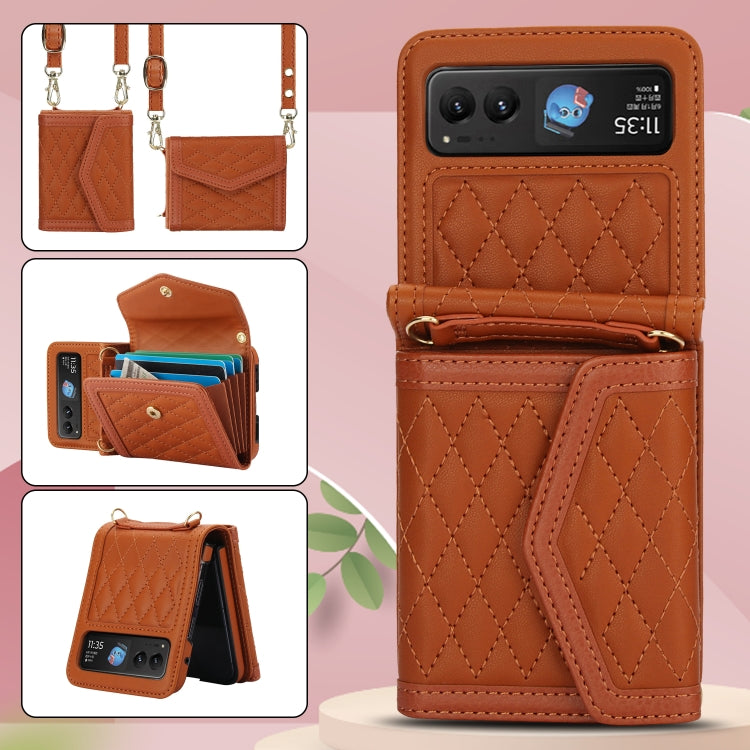 For Motorola Razr 40 Splicing Rhombic Texture Phone Case with Long & Short Lanyard(Brown)