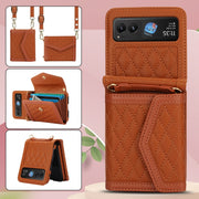 For Motorola Razr 40 Splicing Rhombic Texture Phone Case with Long & Short Lanyard(Brown)