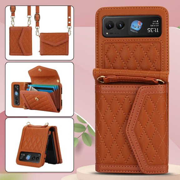 For Motorola Razr 40 Splicing Rhombic Texture Phone Case with Long & Short Lanyard(Brown)